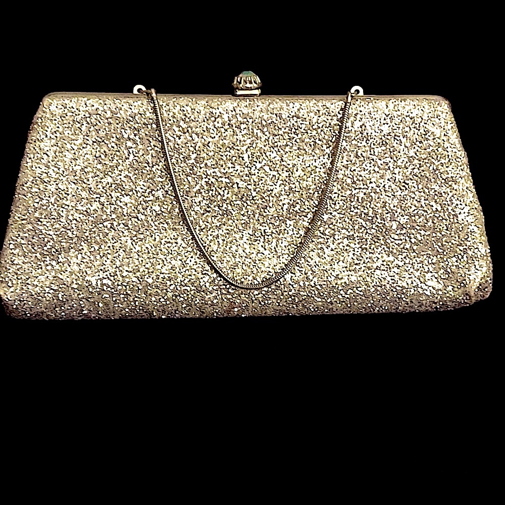 Bring Vintage and Your Sparkle…Silver Glitter Clutch, black satin interior